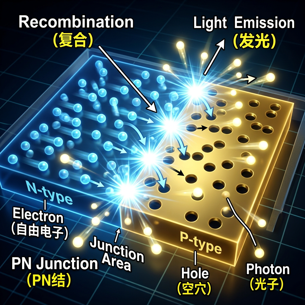 LED发光原理示意图:电子与空穴在PN结复合,释放能量以光子形式发光,形象展示电致发光过程。