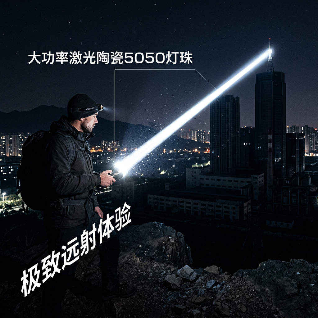 深夜探险者手持大功率激光陶瓷5050手电筒,光束如《星球大战》光剑般笔直射向数百米外的大楼避雷针,极致远射,切割黑暗。