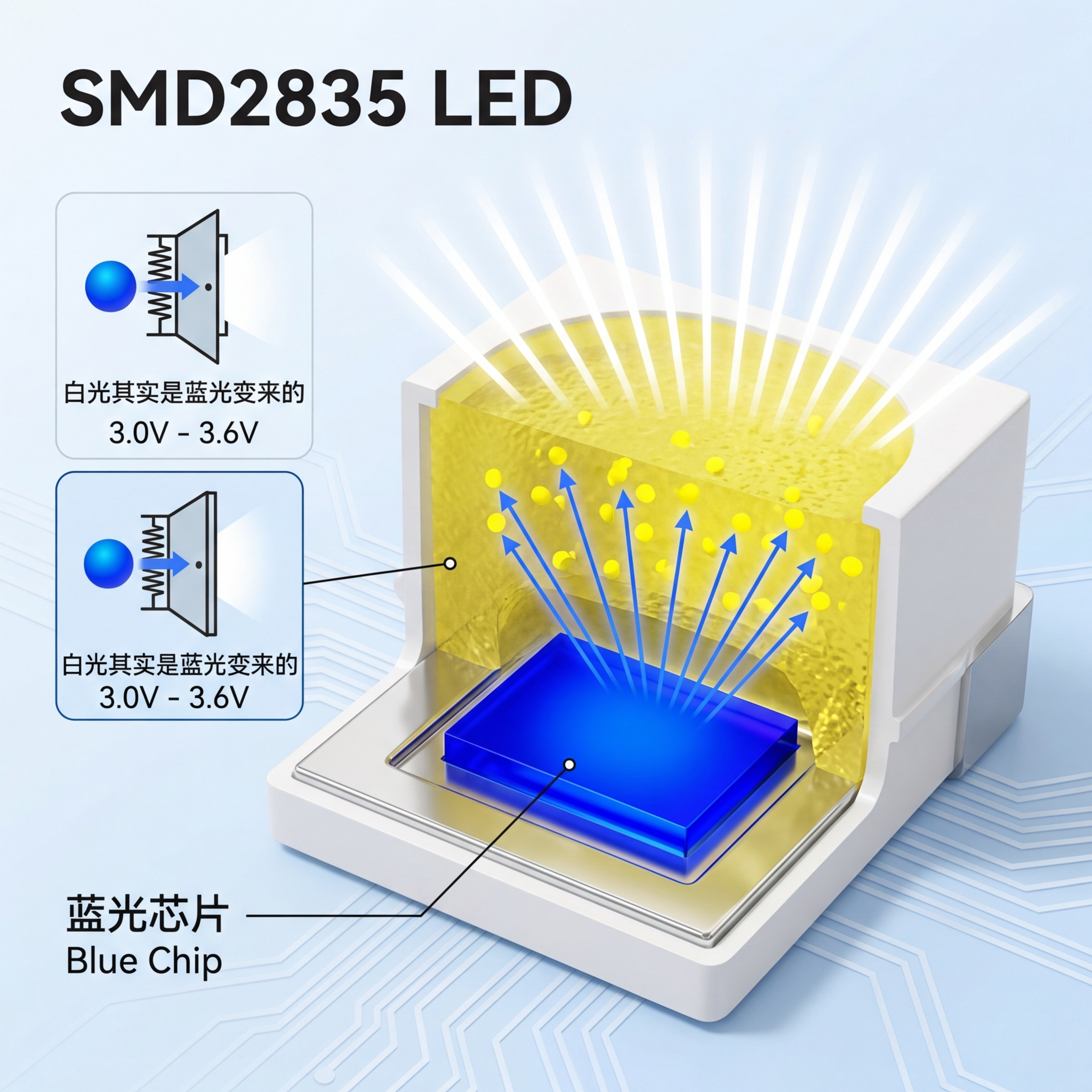 白光LED内部结构剖面图，展示蓝光芯片通过荧光粉层发出白光，并以弹簧门比喻white电压门槛