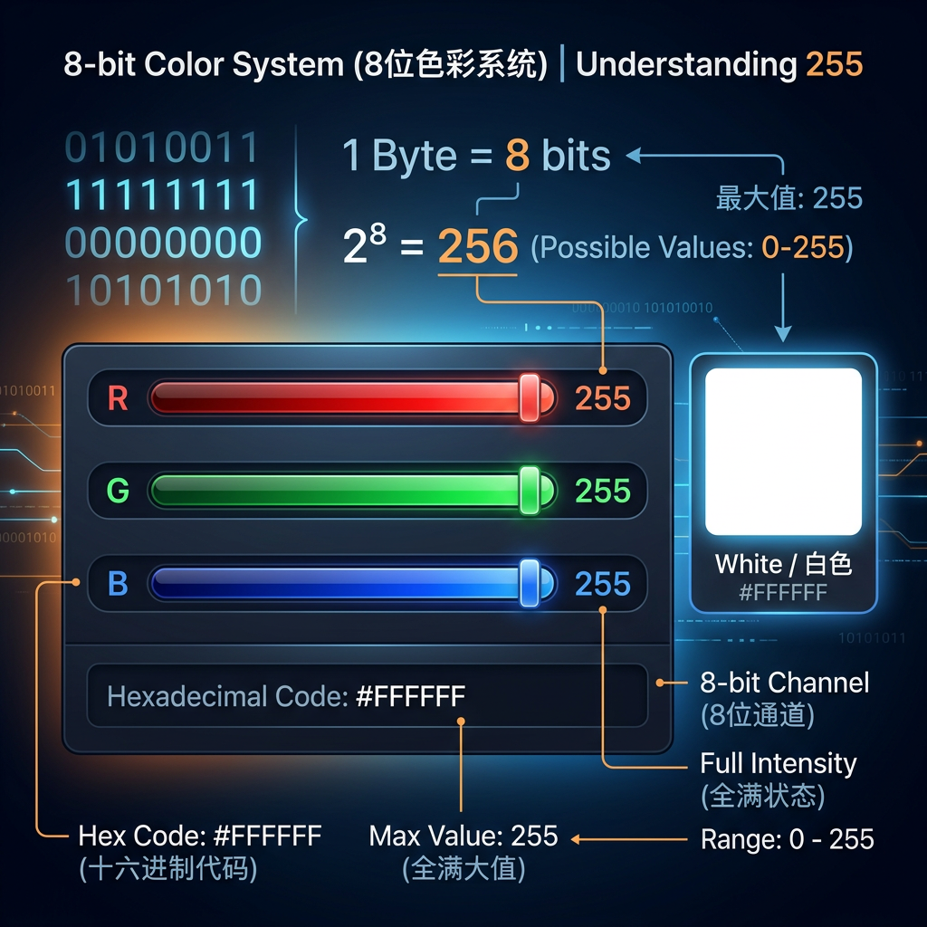 数字化RGB色彩调节界面，显示红绿蓝三通道滑块均设置为最大值255，并标明对应的十六进制代码#FFFFFF，解释8位色彩系统和255的由来