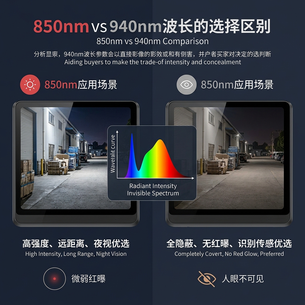 850nm与940nm大功率阵列式红外灯珠对比图，清晰展示两种波长在夜视效果、隐蔽性和应用场景上的差异