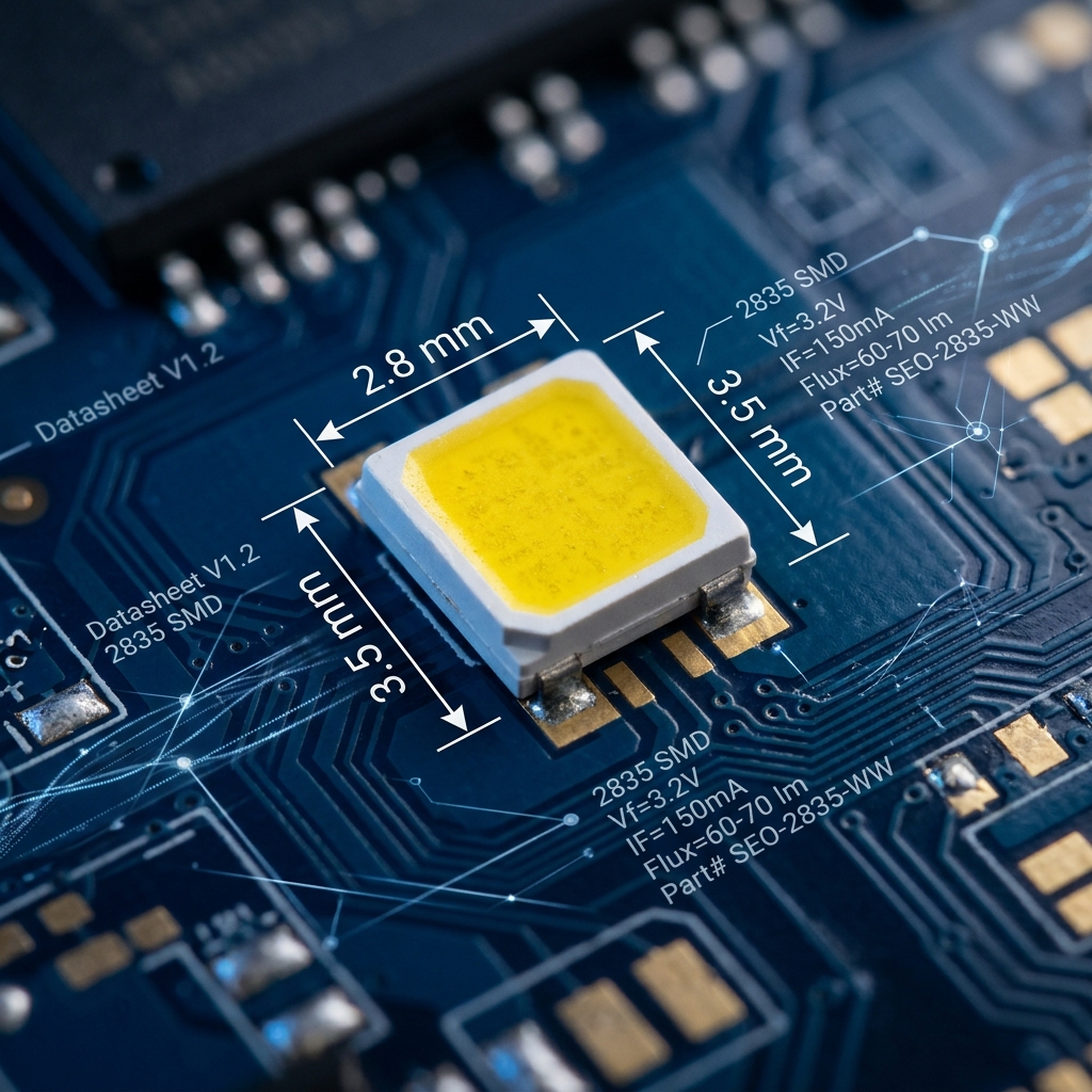 2835 封装发光 LED 灯珠微距特写,显示2.8mm x 3.5mm尺寸及精密参数,体现标准化与工业美感