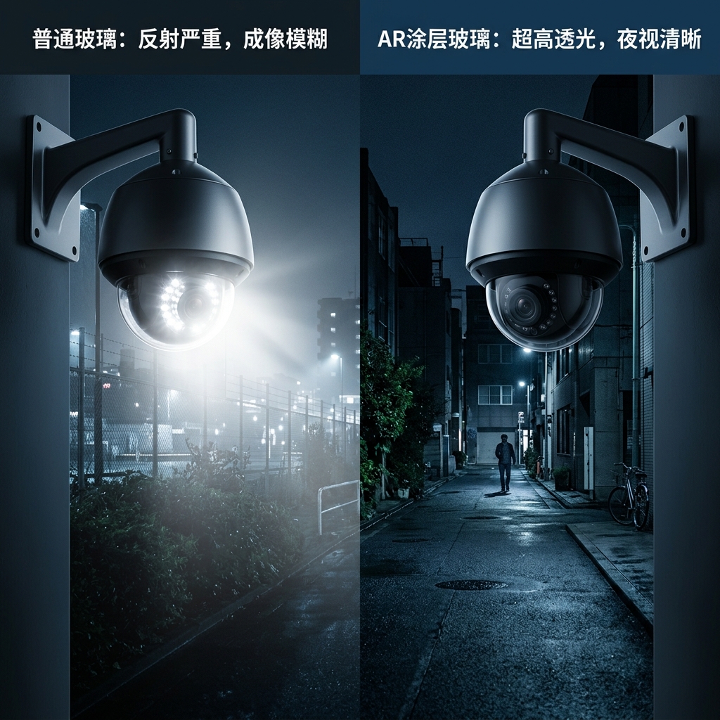 红外夜视效果对比:普通玻璃反射严重导致画面模糊,而防反光AR涂层玻璃实现夜视清晰透明。
