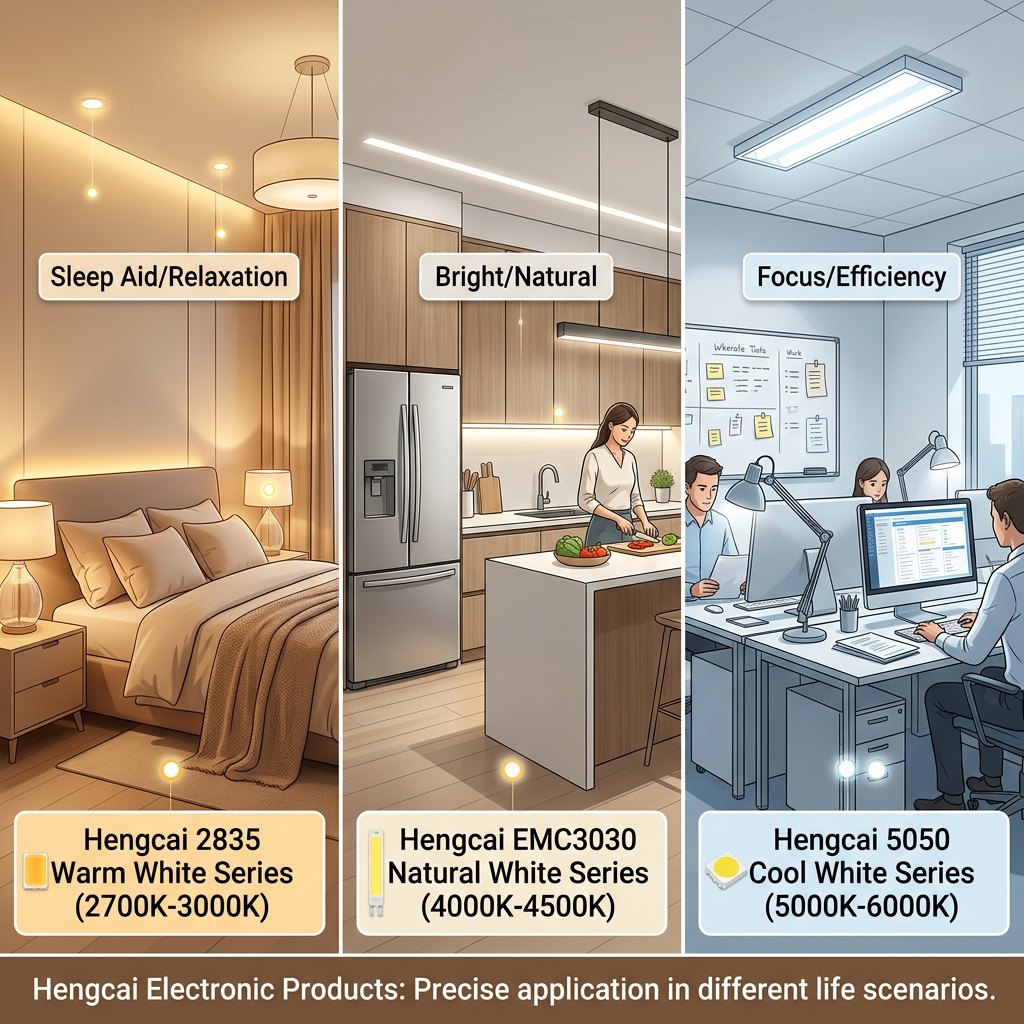 不同色温LED照明应用场景对比图：展示暖白光卧室（2700-3000K）、自然白厨房（4000-4500K）和冷白光办公室（5000-6000K）的视觉效果，并标注恒彩推荐产品。