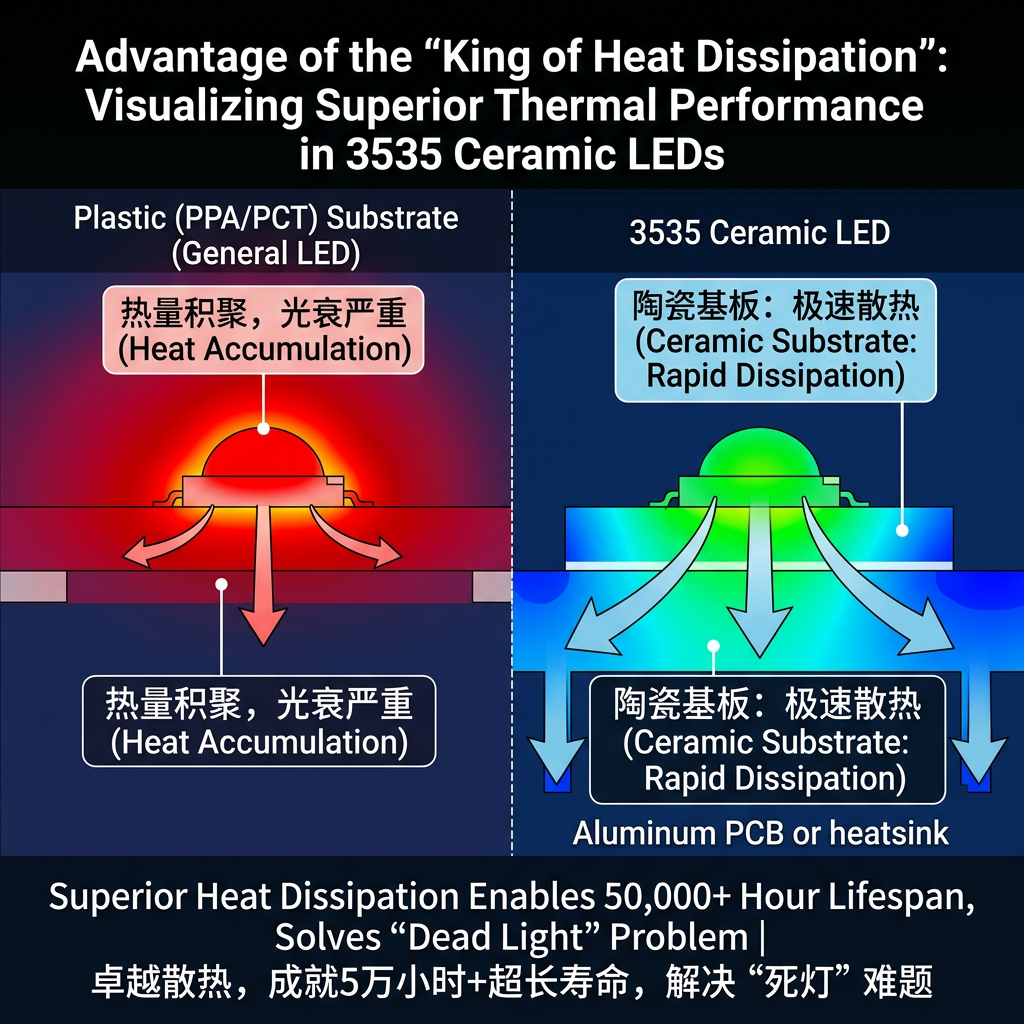左右对比热成像图,左侧显示普通塑料灯珠热量严重积聚(红色高温),右侧显示3535陶瓷灯珠高效散热(蓝色低温),直观展示陶瓷基板卓越的散热性能。
