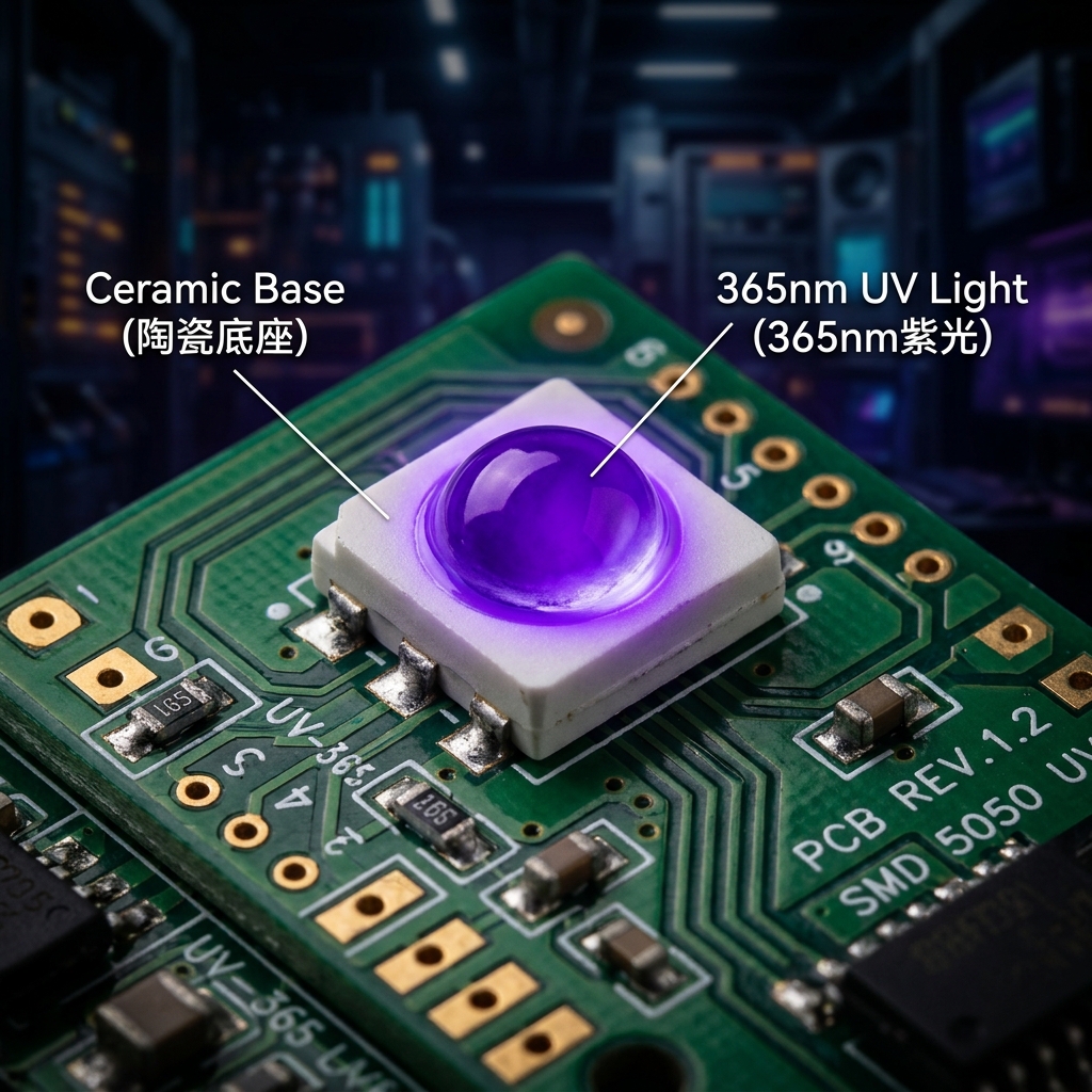 陶瓷SMD5050 365nm UV LED灯珠特写，展示陶瓷底座和纯净紫外光
