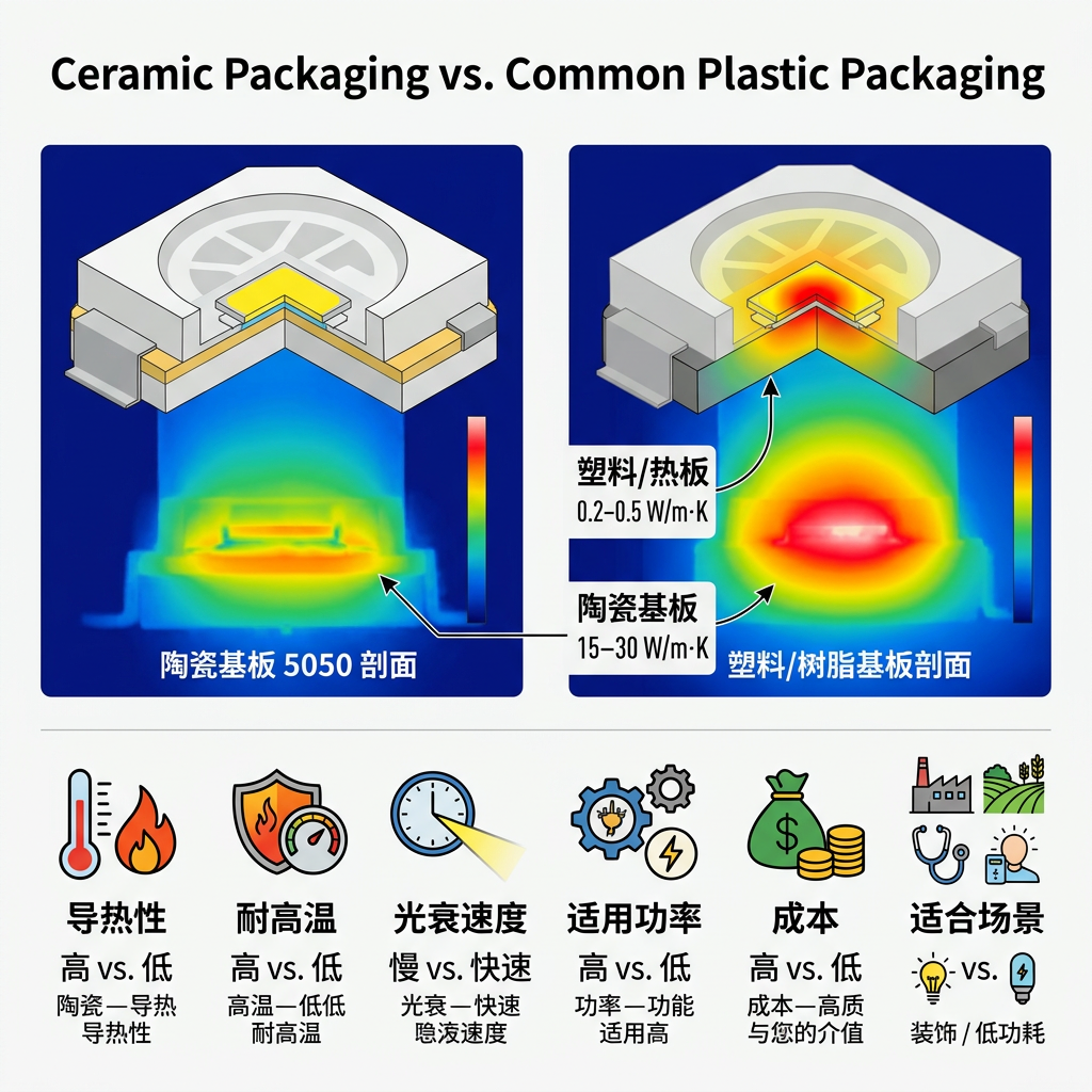 5050陶瓷封装与普通塑料封装LED对比信息图，展示散热性能、导热系数（陶瓷15-30 W/m·K，塑料0.2-0.5 W/m·K）、耐高温、光衰、适用功率、成本及场景差异