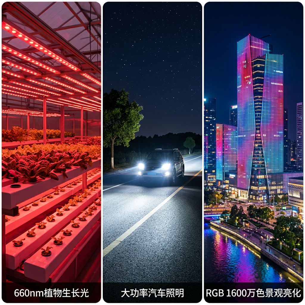 组合图展示3535陶瓷灯珠在三大应用场景:660nm红光植物生长照明、高亮白光汽车大灯以及RGB全彩景观亮化,凸显其全能色彩特性和广泛工程应用。