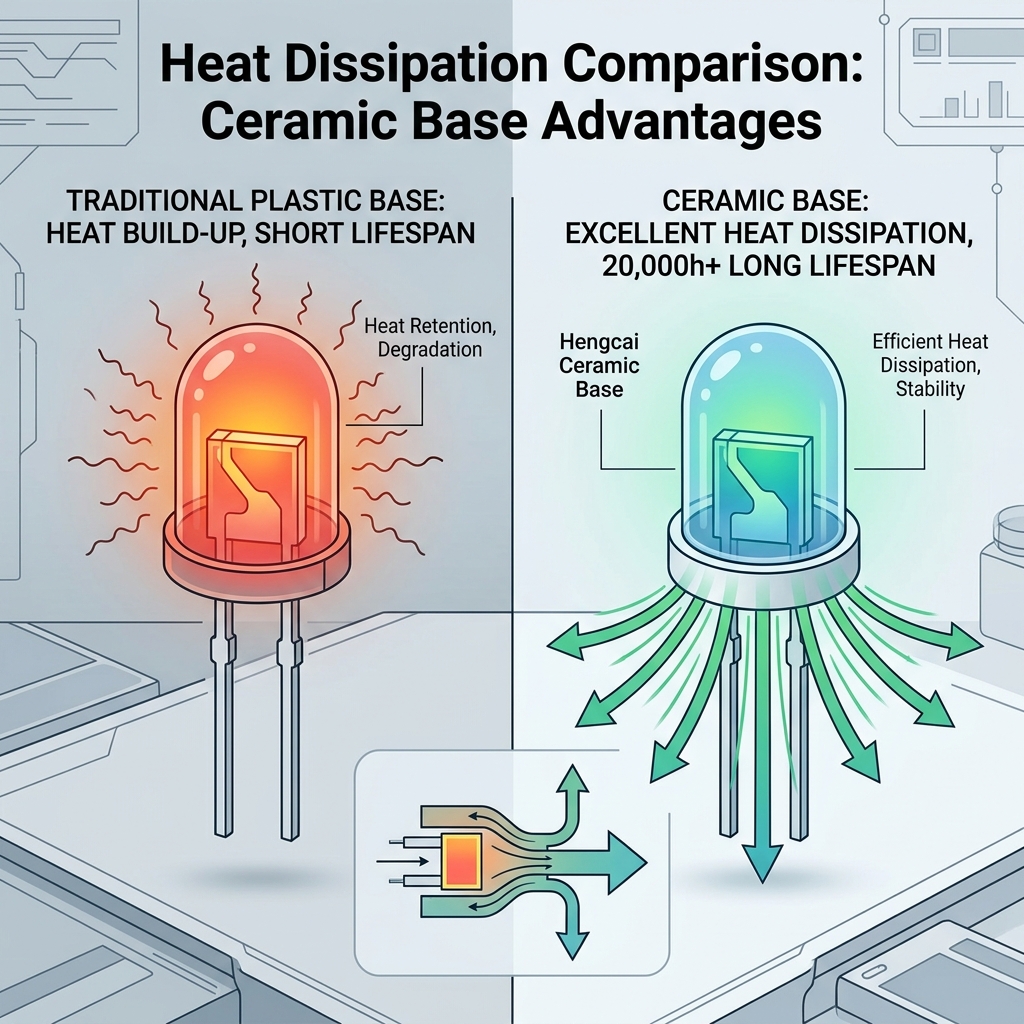 传统塑料封装与恒彩陶瓷封装UV LED灯珠散热对比图,清晰展示陶瓷底座卓越的导热性能如何有效散发热量,延长灯珠寿命。