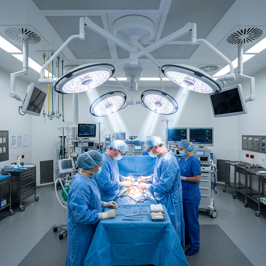 现代手术室中，LED无影灯发出明亮光线，消除医生操作时的阴影，确保清晰的手术视野。