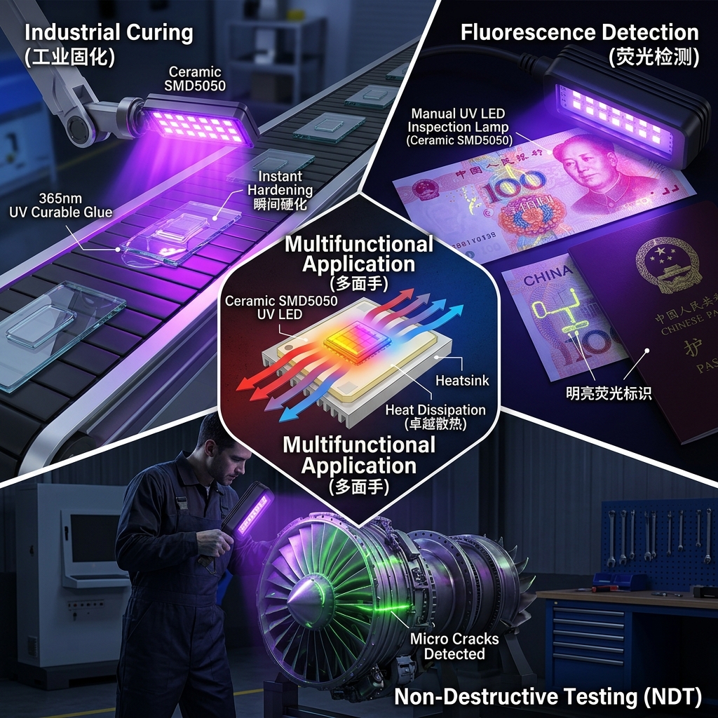 陶瓷SMD5050 UV LED在工业固化、荧光检测及无损检测中的应用场景图