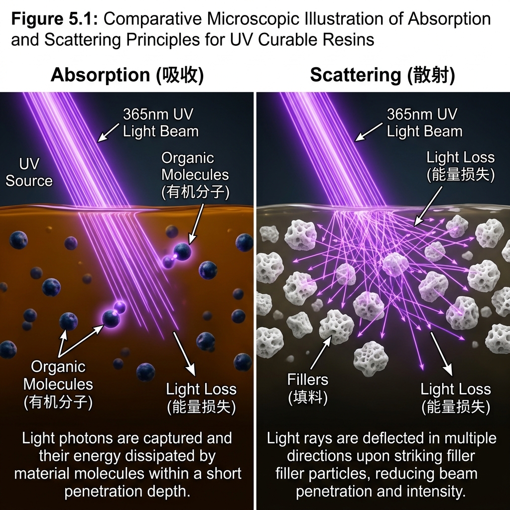 365nm紫外线在材料中因吸收和散射导致能量损失的原理示意图,左侧为光被深色材料吸收,右侧为光被填料颗粒散射。