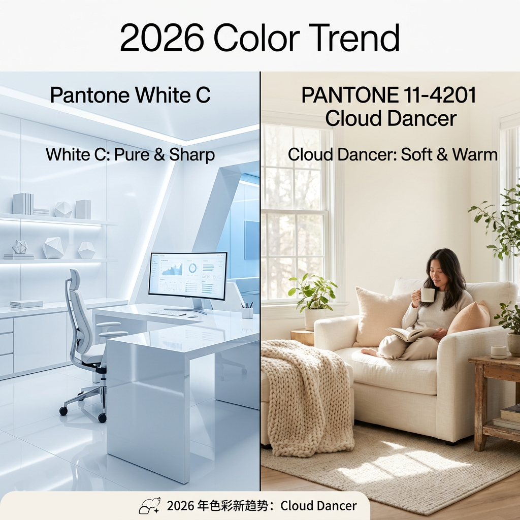 左右对比图,左侧为极简冷峻的Pantone White C现代空间,右侧为温馨柔和的Cloud Dancer家居角落,直观展示两种白色的视觉差异和2026年色彩趋势。