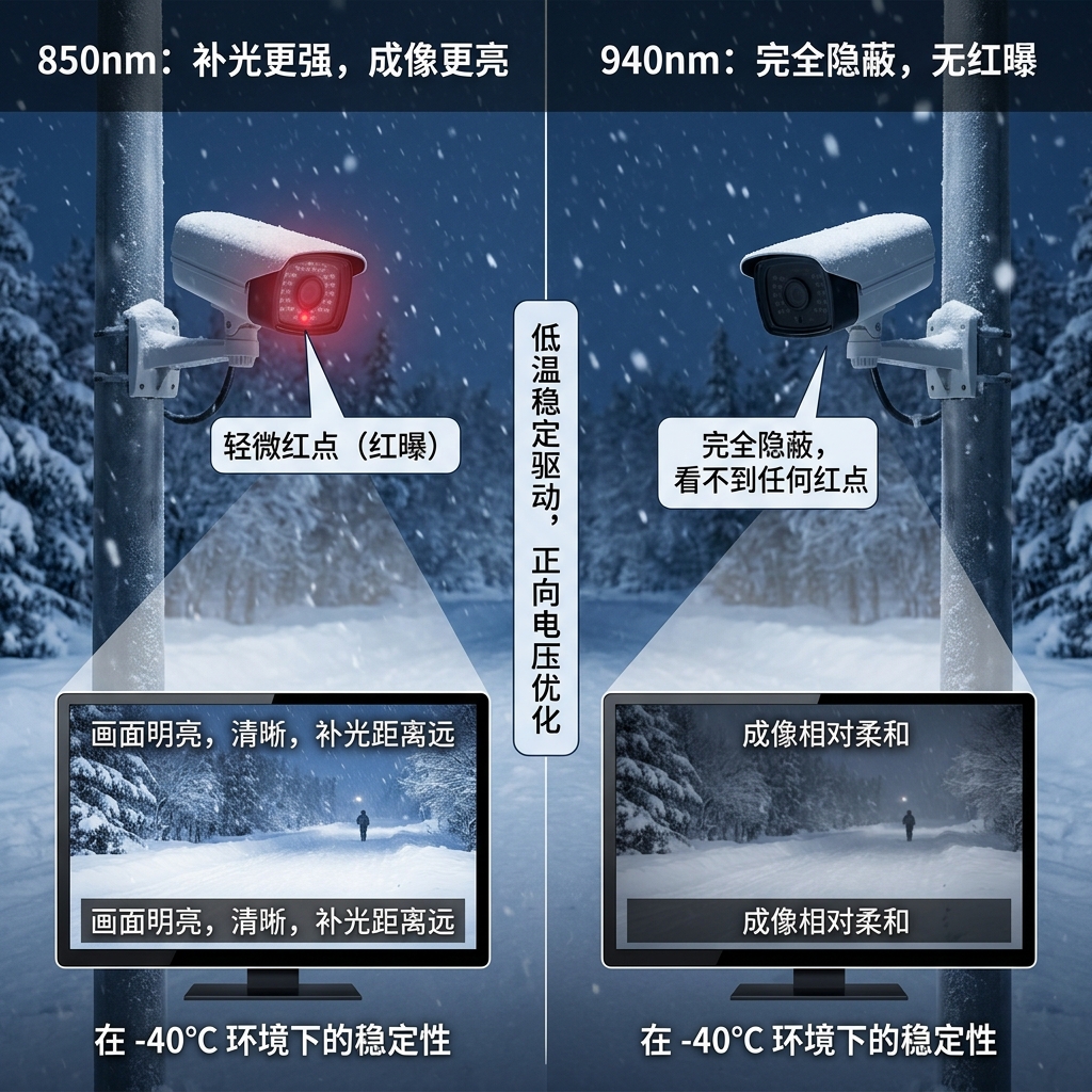 对比850nm与940nm低温环境专用红外LED在-40℃户外雪地监控场景下的夜视效果，展示850nm补光更强但有红曝，940nm隐蔽性好但成像柔和。