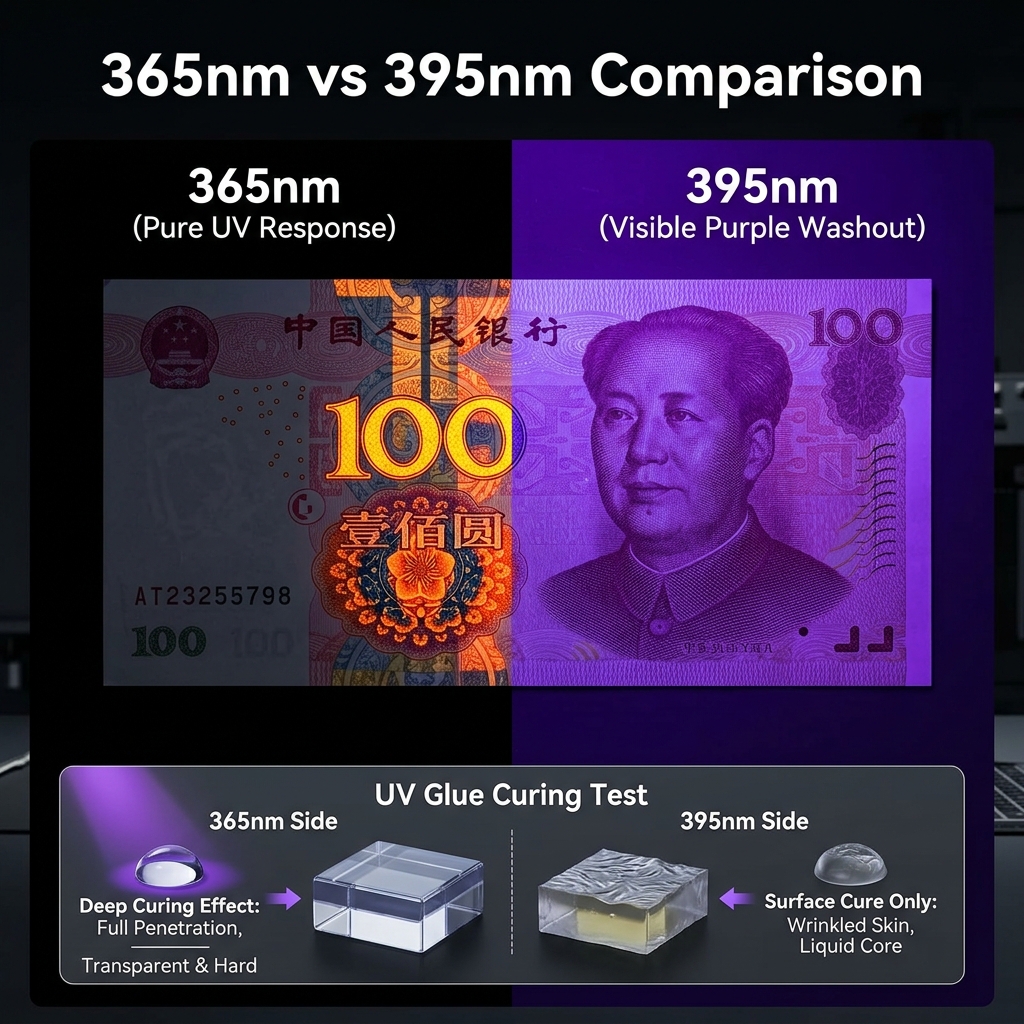 365nm与395nm紫外线在验钞防伪和UV胶水固化中的效果对比,显示365nm光线更纯净,防伪标记清晰,胶水固化彻底。