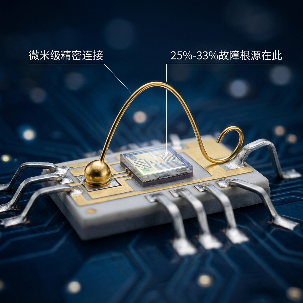 高清微距显示LED封装焊线过程，金线以完美弧度将芯片与外部引脚精密连接，展现微米级连接艺术。