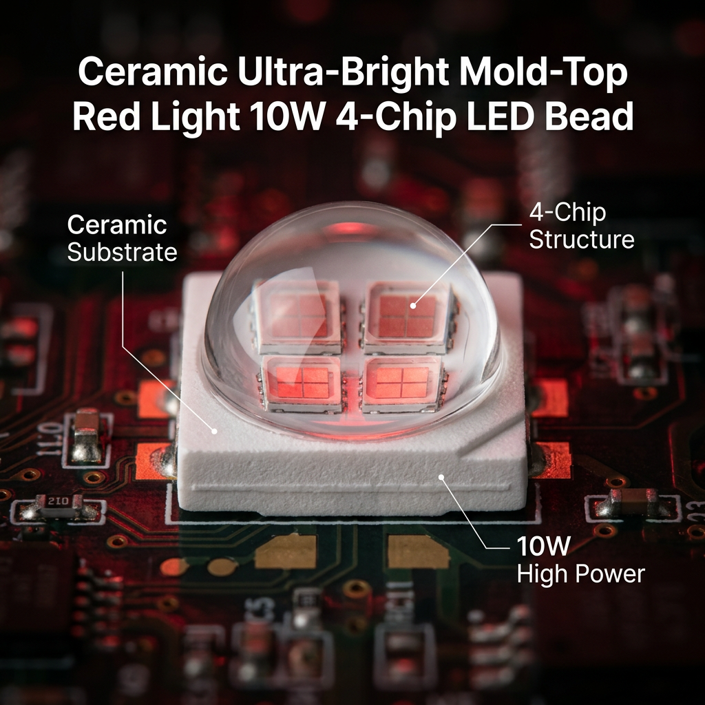 陶瓷超亮模顶红光10W四芯片LED灯珠特写,展示其洁白陶瓷基板、透明模顶透镜及内部四颗大功率发光芯片,强调高功率、四芯片结构和陶瓷基板特性。