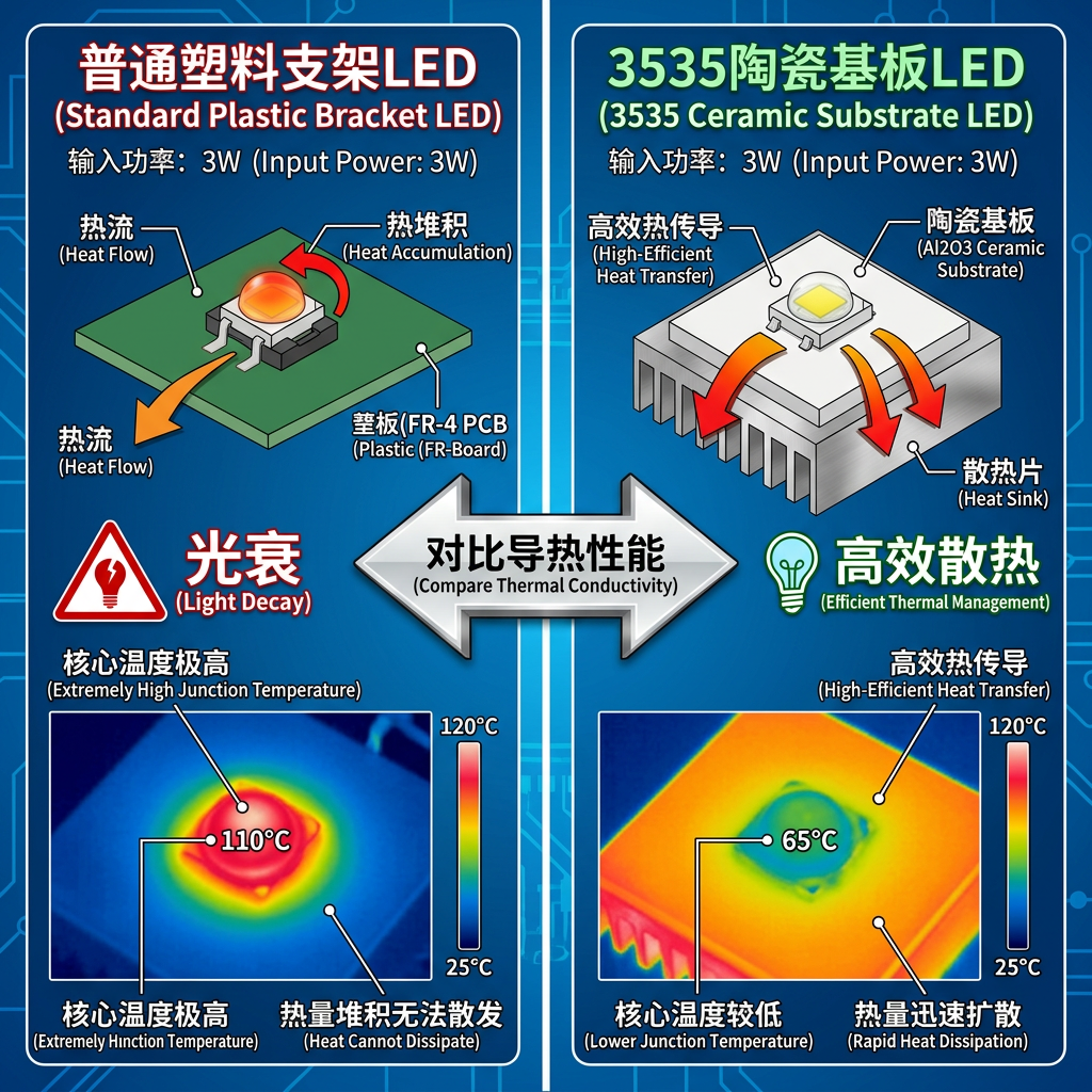 对比图展示3535陶瓷LED与普通塑料支架LED的散热性能差异，突出陶瓷基板的高效散热和对光衰的有效抑制。