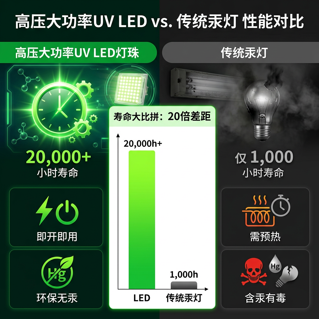高压大功率UV LED灯珠与传统汞灯寿命、环保及即时启动性能对比图，突出LED 20,000+小时寿命与无汞环保优势。
