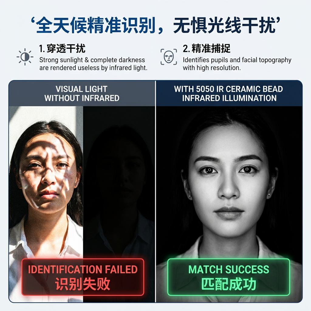 红外线在人脸识别中的重要性对比图,展现红外补光如何克服可见光干扰,实现全天候精准识别。