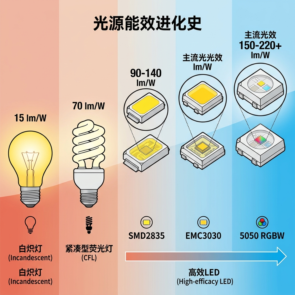 一张对比图表，展示了不同光源的能效进化。从左到右依次是低效率的白炽灯（15 lm/W），中等效率的荧光灯（70 lm/W），以及不同封装类型的高效LED灯珠（SMD2835、EMC3030、5050 RGBW），其流明效率范围从90-140 lm/W到150-220+ lm/W。图片强调了LED在能效上的显著优势以及不同LED封装的差异。