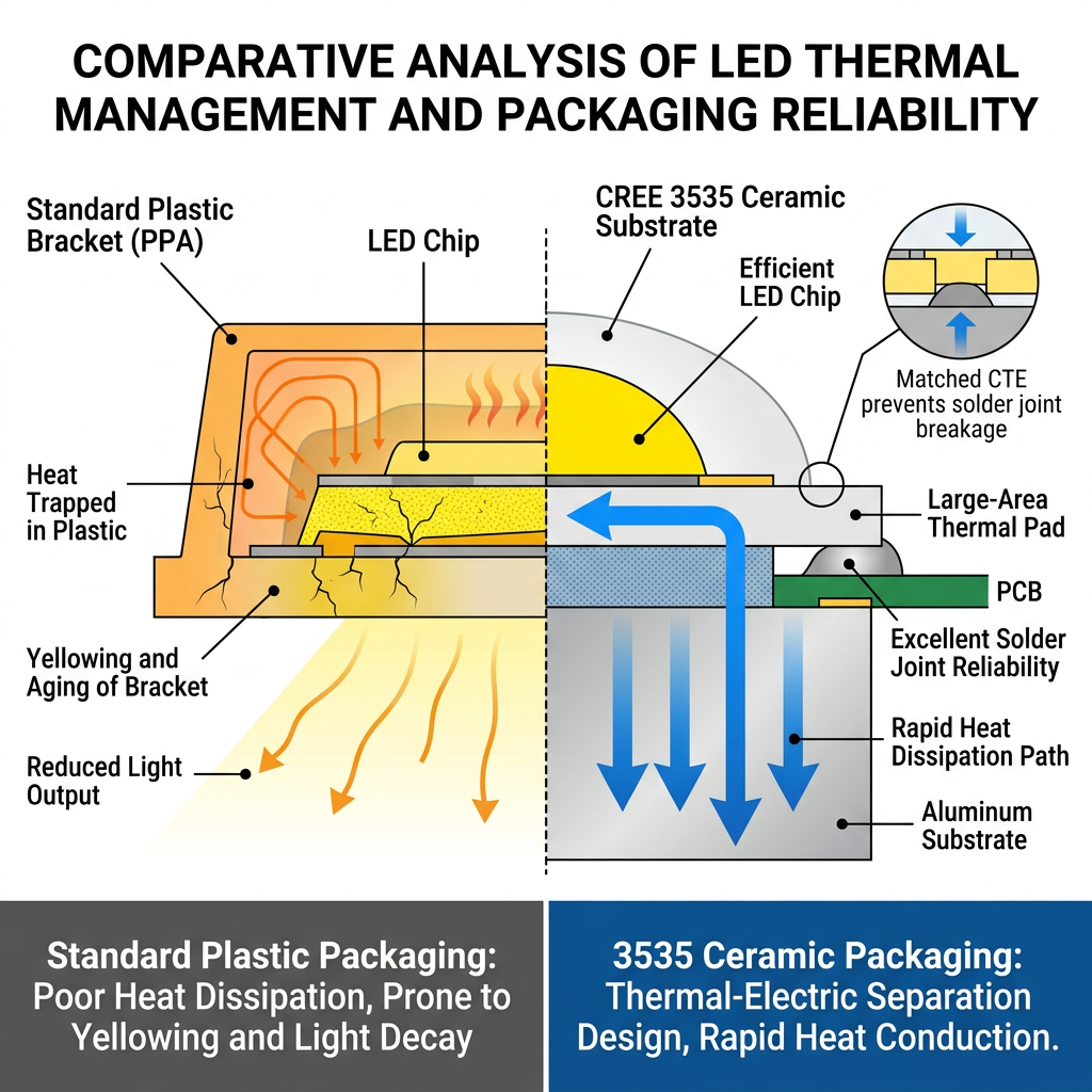 普通塑料封装LED灯珠(2835/5050)与3535陶瓷封装LED灯珠散热原理对比图,清晰展示陶瓷基板优越的导热路径和抗老化能力。