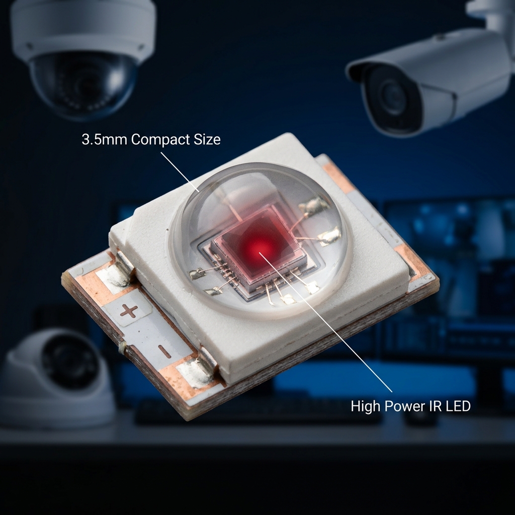 3535红外灯珠正面特写，展示其3.5mm紧凑尺寸、陶瓷基板与透明透镜，应用于安防监控