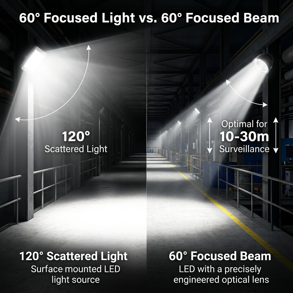 红外灯珠发光角度对比图：60度聚光效果（右）实现远距离清晰监控，120度广角（左）光线分散导致近处过曝远处模糊。