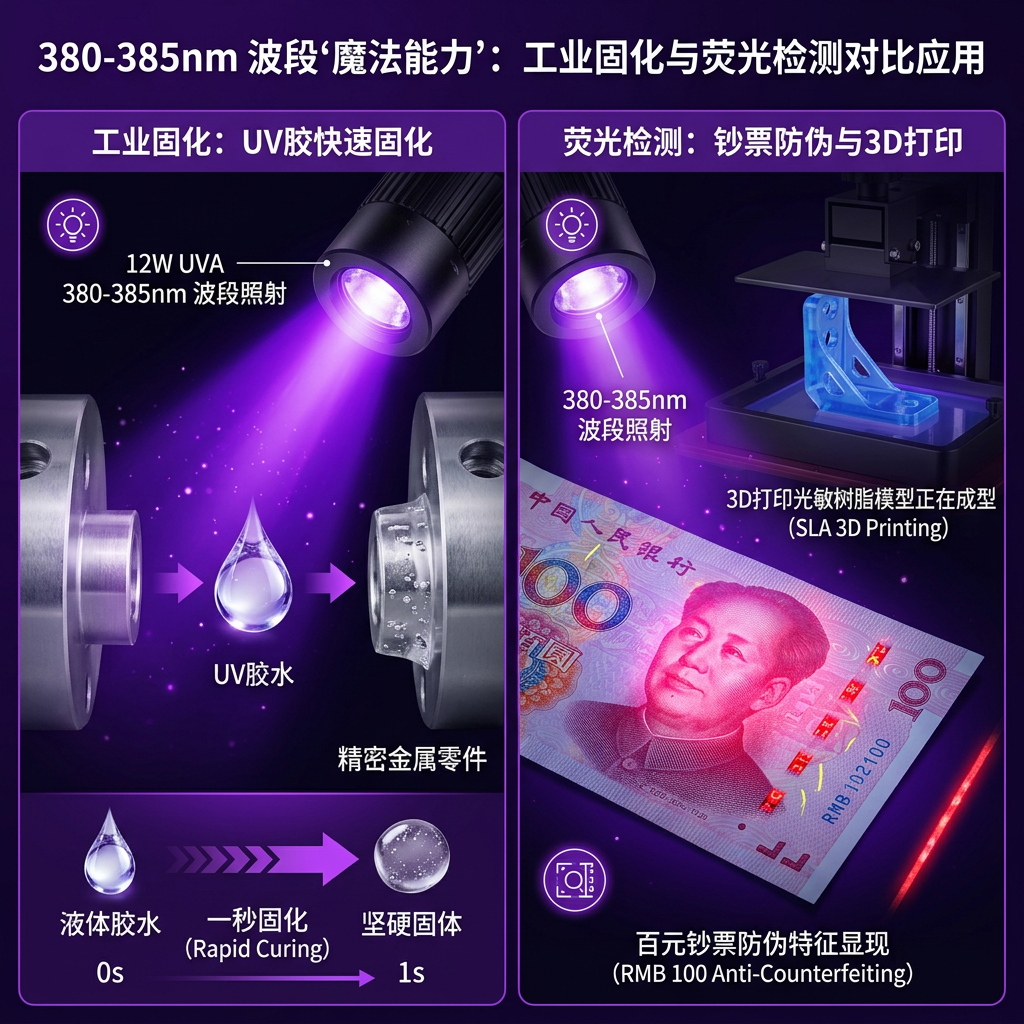 380-385nm波段紫光应用场景图:左侧展示UV胶水快速固化,右侧展示钞票荧光防伪检测,体现其在工业固化、3D打印和安全检测中的魔法效能。
