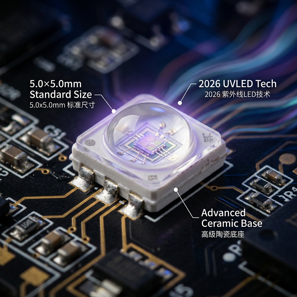 5050陶瓷UVLED灯珠正面特写，展示5.0x5.0mm标准尺寸、高级陶瓷底座及内部发光芯片，背景为2026科技感电路纹理。
