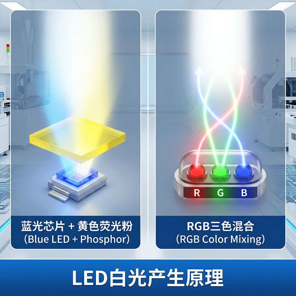 LED白光产生的两种主要原理：蓝光芯片激发荧光粉和RGB三色光混合的示意图
