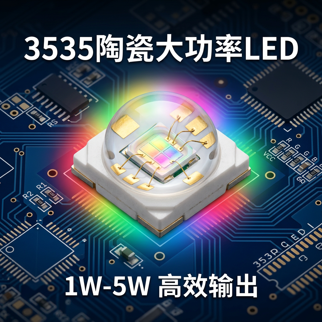 一张微距特写,展示了精致的3535陶瓷大功率LED灯珠,背景为科技感电路图,并散发RGB光晕,强调其紧凑尺寸、陶瓷基板和1W-5W高效输出特性。