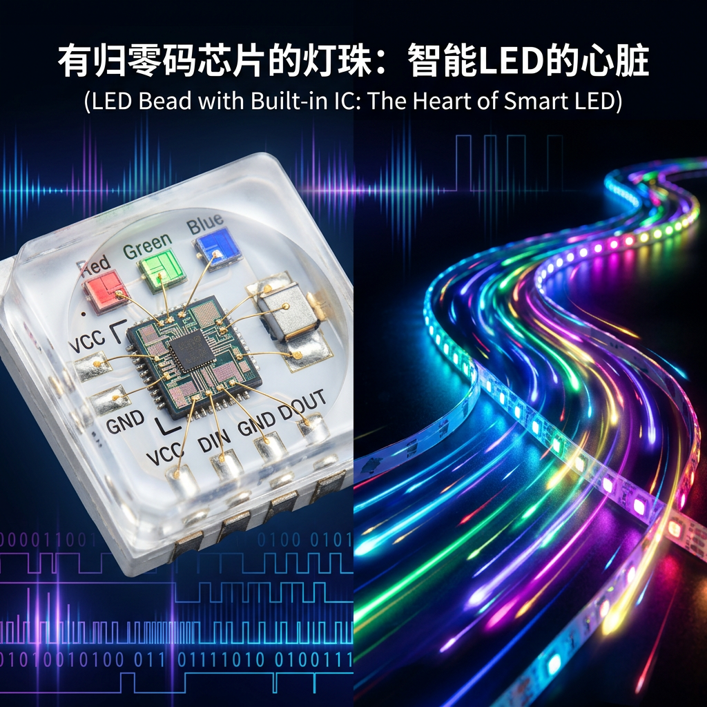 有归零码芯片的灯珠微观结构与流光溢彩的灯带应用对比图