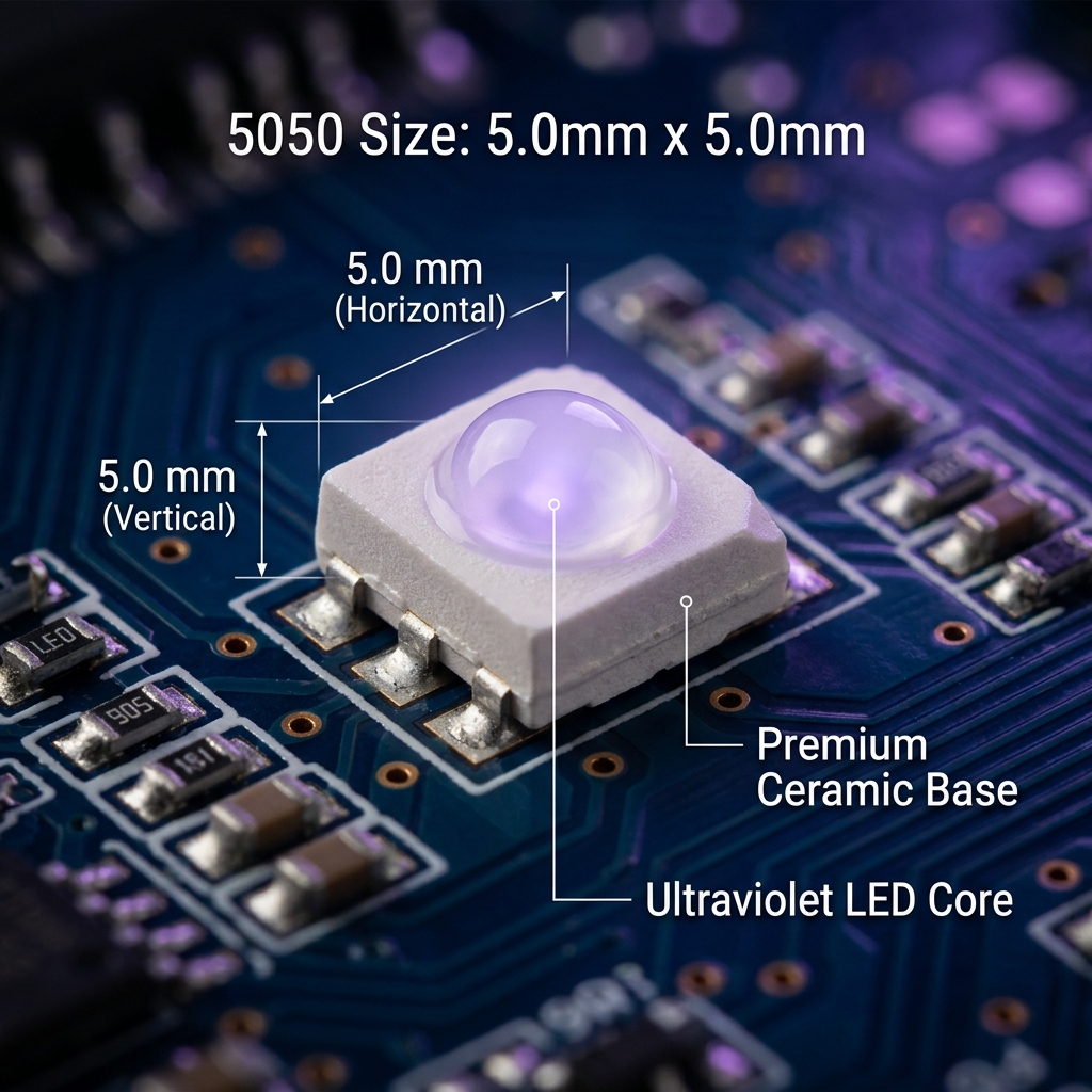5050UV紫光紫外线LED陶瓷灯珠特写与尺寸示意图，清晰展示5.0mm x 5.0mm尺寸和陶瓷底座