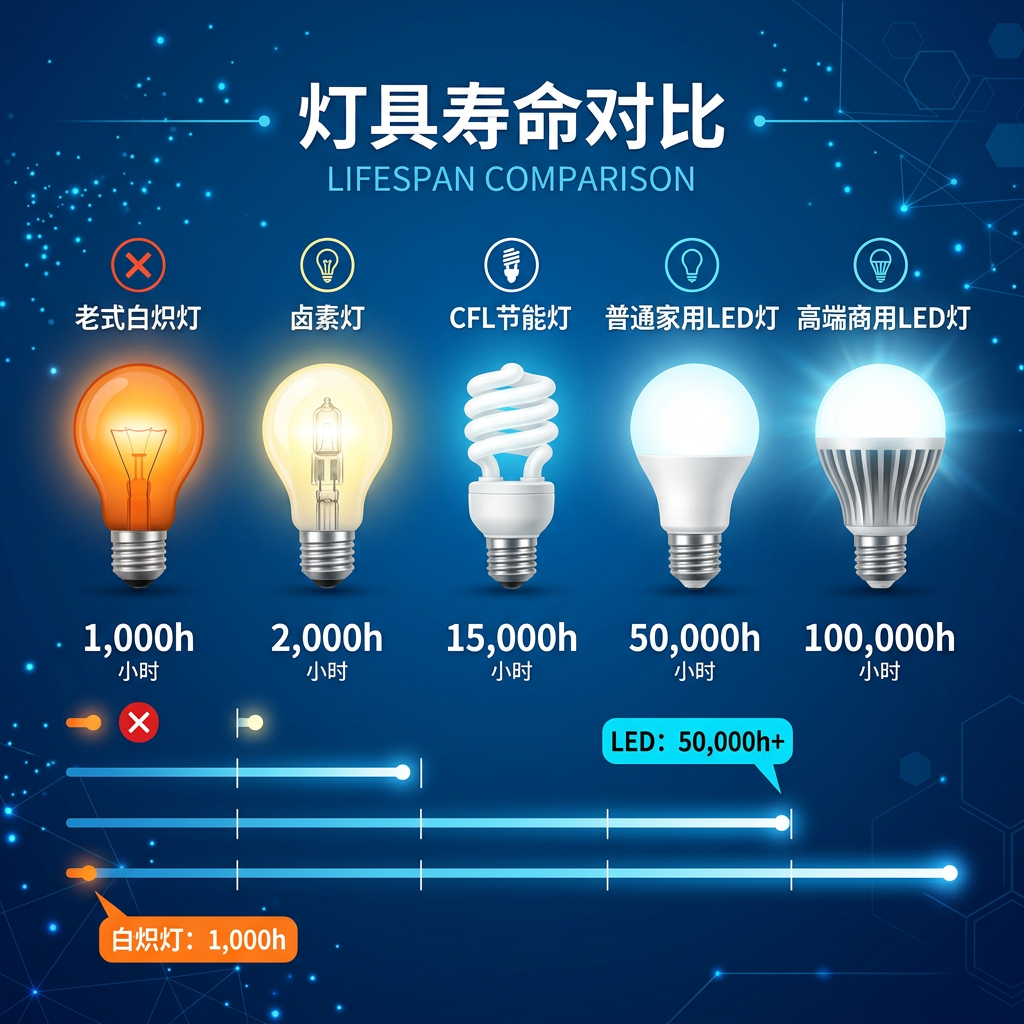一张现代信息图表，视觉化对比老式白炽灯、卤素灯、CFL节能灯、普通家用LED灯和高端商用LED灯的寿命（Lifespan），强调LED灯的超长寿命优势。
