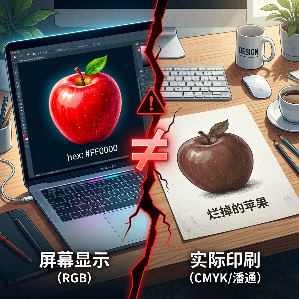 电脑屏幕上鲜艳的RGB红苹果与打印纸上暗淡的潘通红苹果对比，形象展示了屏幕和印刷色彩差异，强调了RGB转潘通的重要性。