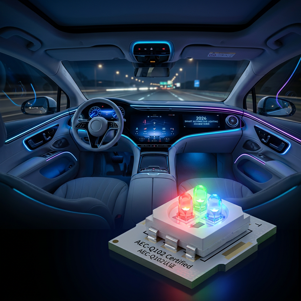 2026年豪华汽车内饰氛围灯效果图与AEC-Q102认证车规级RGB灯珠特写