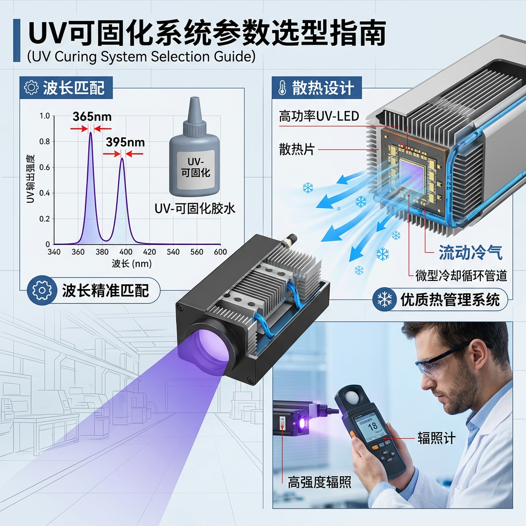 UV-LED选型指南示意图：展示波长匹配（365nm/395nm光谱）、高效散热结构（铝制散热片和冷却管道）以及工程师测量辐照度，强调选择光源的关键技术参数。