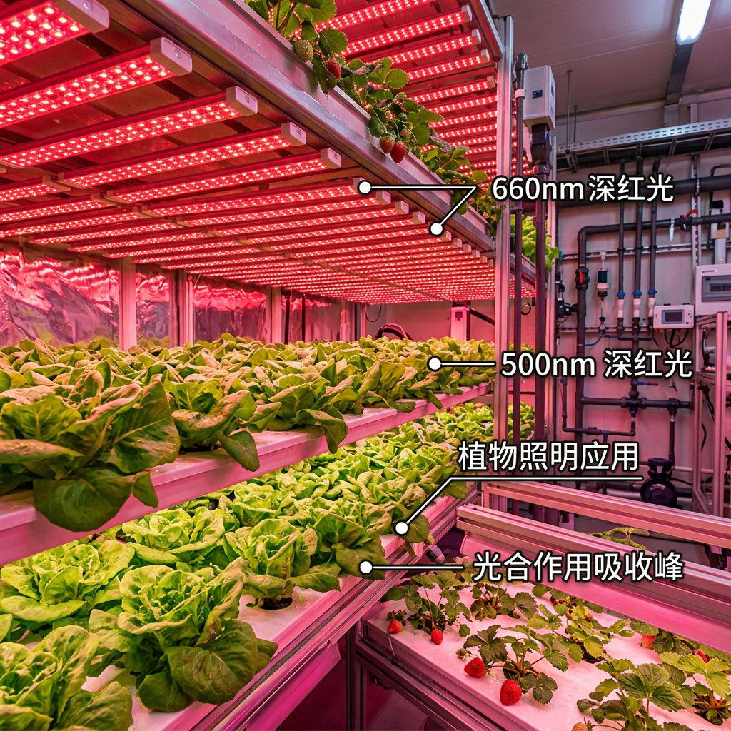 现代垂直农场中，5050陶瓷红光灯珠（660nm深红光）为植物提供光合作用所需的最佳光谱照明。