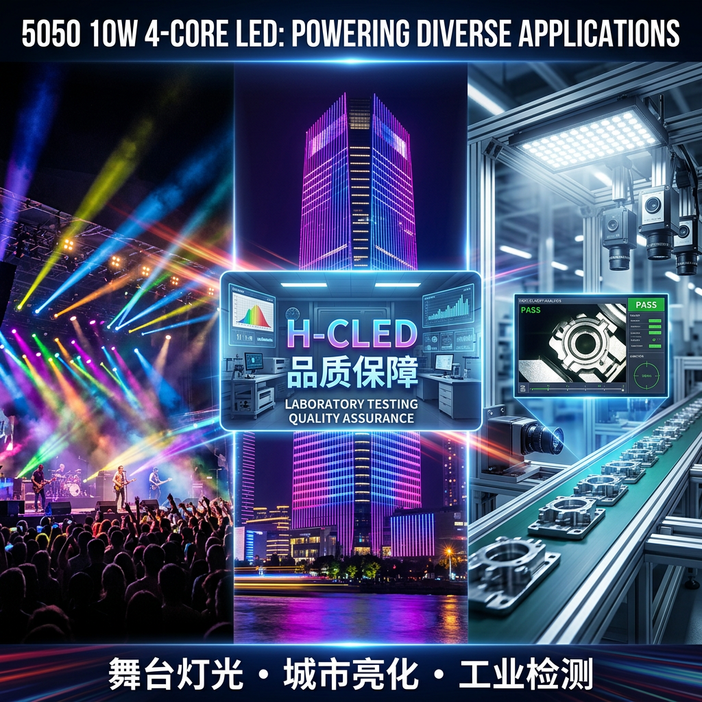 5050大功率LED灯珠多元应用场景合成图：涵盖舞台灯光、城市亮化及工业机器视觉检测