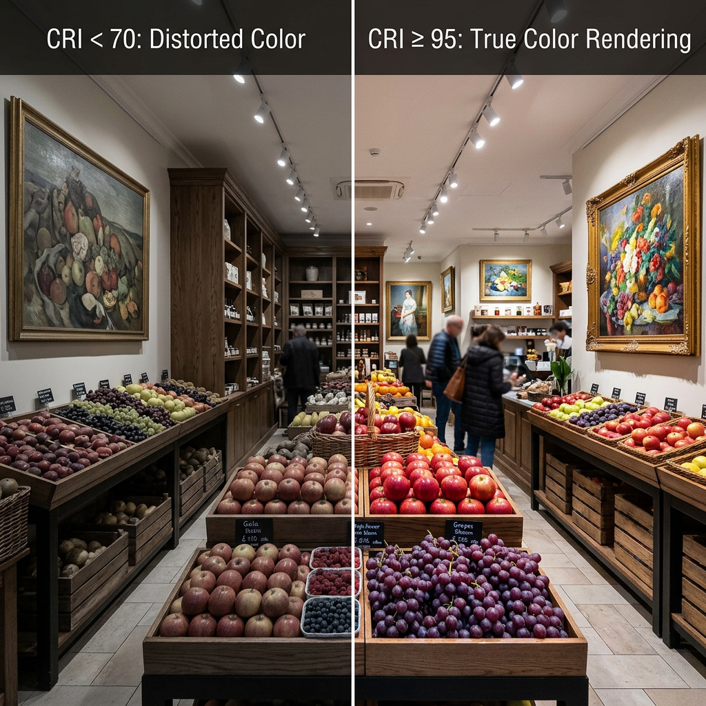 高显色指数（CRI）效果对比图，左侧低CRI下颜色失真，右侧高CRI（≥95）下商品色彩鲜艳真实