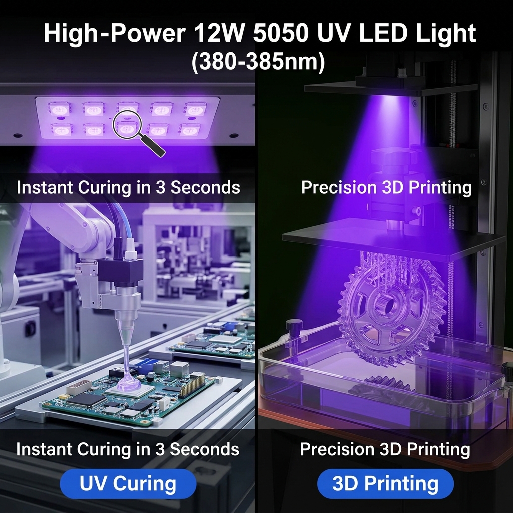 12W大功率5050UV紫光380-385nm在UV固化和3D打印中的应用：实现3秒瞬时固化与精密模型快速成型