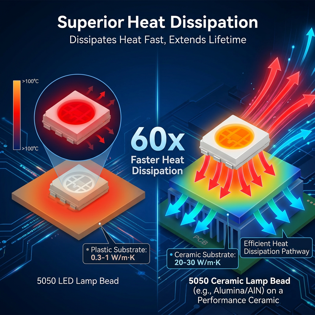 陶瓷基板与普通塑料基板散热能力的3D对比示意图，展示陶瓷基板散热速度比塑料基板快60倍以上。