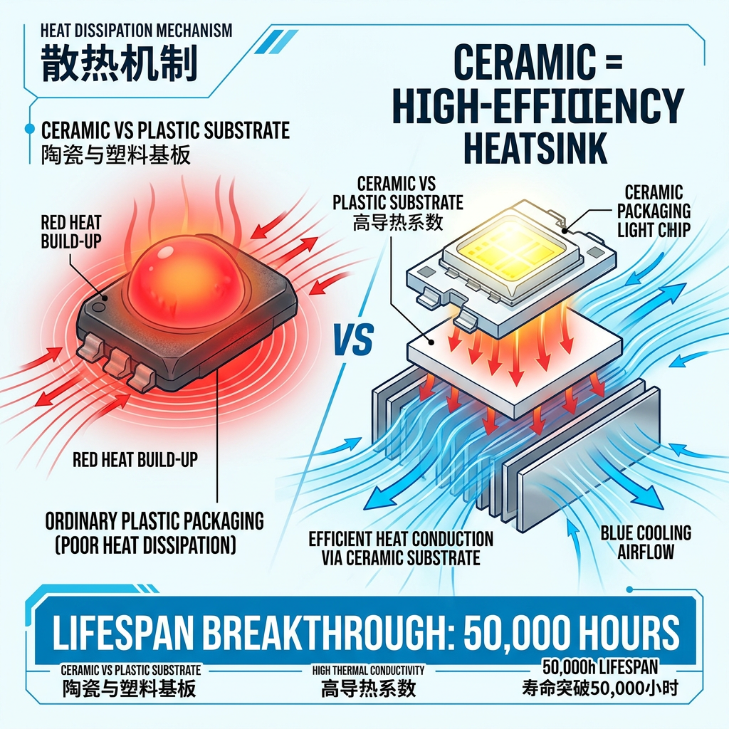 陶瓷封装与塑料封装的散热对比示意图，展示陶瓷基板如何高效传导热量，延长灯珠寿命