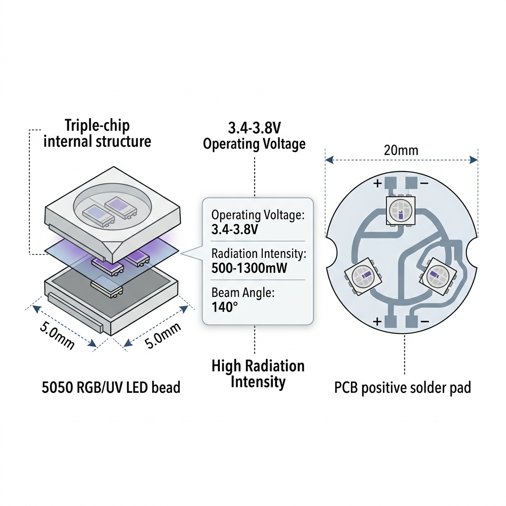 led紫光20mm灯板5050UV395光源的技术规格拆解示意图，展示5050灯珠三芯结构、20mm底板布局及核心参数。