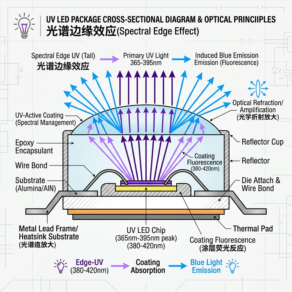UV LED灯珠封装结构剖面技术原理图，图示光谱边缘效应、涂层荧光反应与光学折射放大如何导致蓝光产生