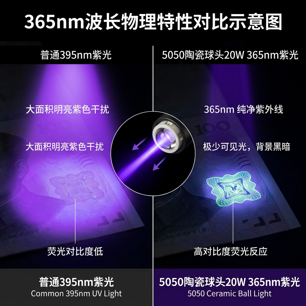 365nm与395nm紫光对比图，展示365nm波长在防伪检测中高对比度的纯净荧光效果