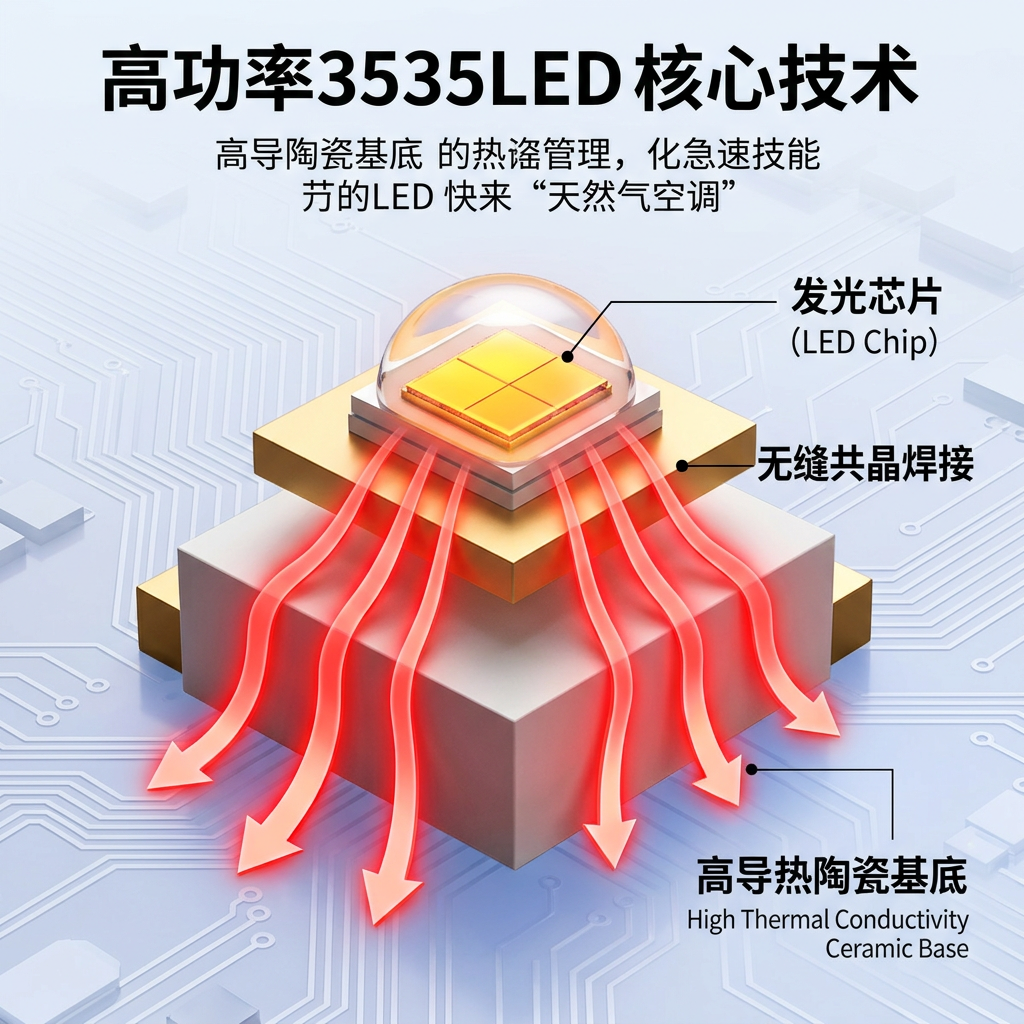 3535大功率LED散热核心技术拆解示意图,展示发光芯片、无缝共晶焊接层及高效导热陶瓷基板,红色箭头流线模拟热量快速导出过程。