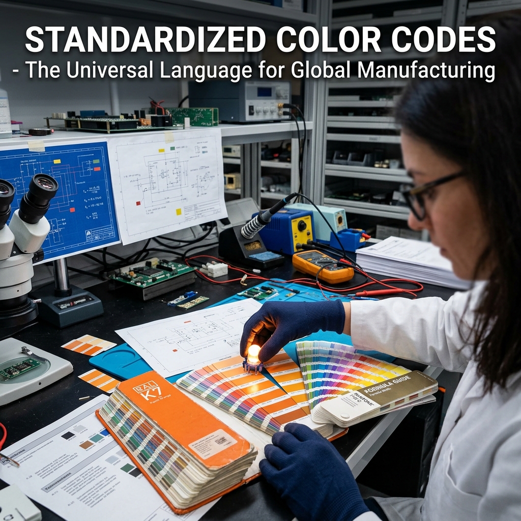 一只手使用Pantone或RAL实体色卡与恒彩电子LED灯珠模块进行颜色比对，展示色号作为全球通用色彩标准的实际应用