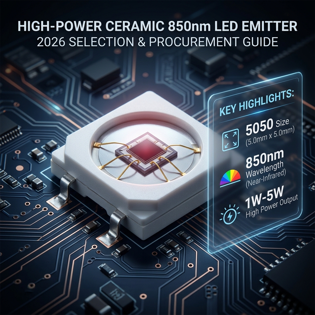 5050陶瓷高功率850nm LED发射二极管产品正面特写,展示5x5毫米尺寸、陶瓷底座与关键参数